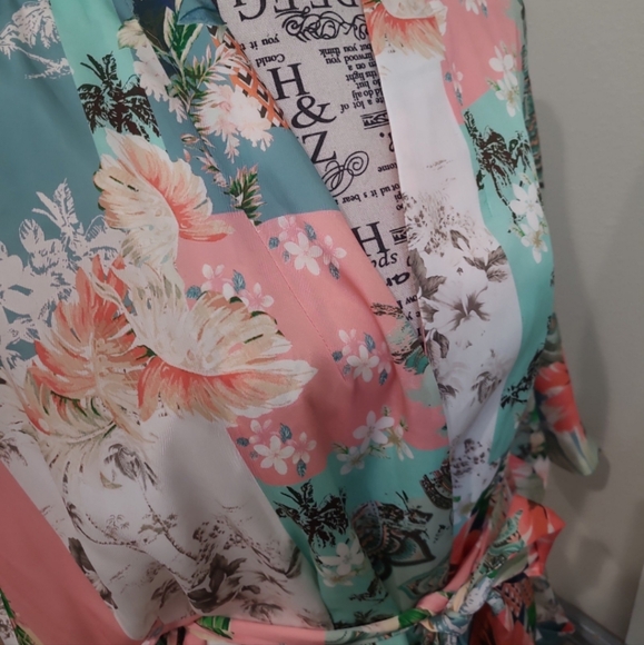 Zara Women's SZ Sm. Satin Floral tie kimono jacket green orange Coral lined - Picture 5 of 10